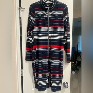 Red, white and blue long sleeves zip front midi dress by Venus size XL